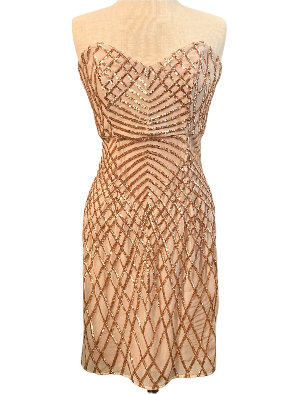 Lumier by Bariano Strapless Pink Rose Gold Sequin Tulle Formal Cocktail Dress M